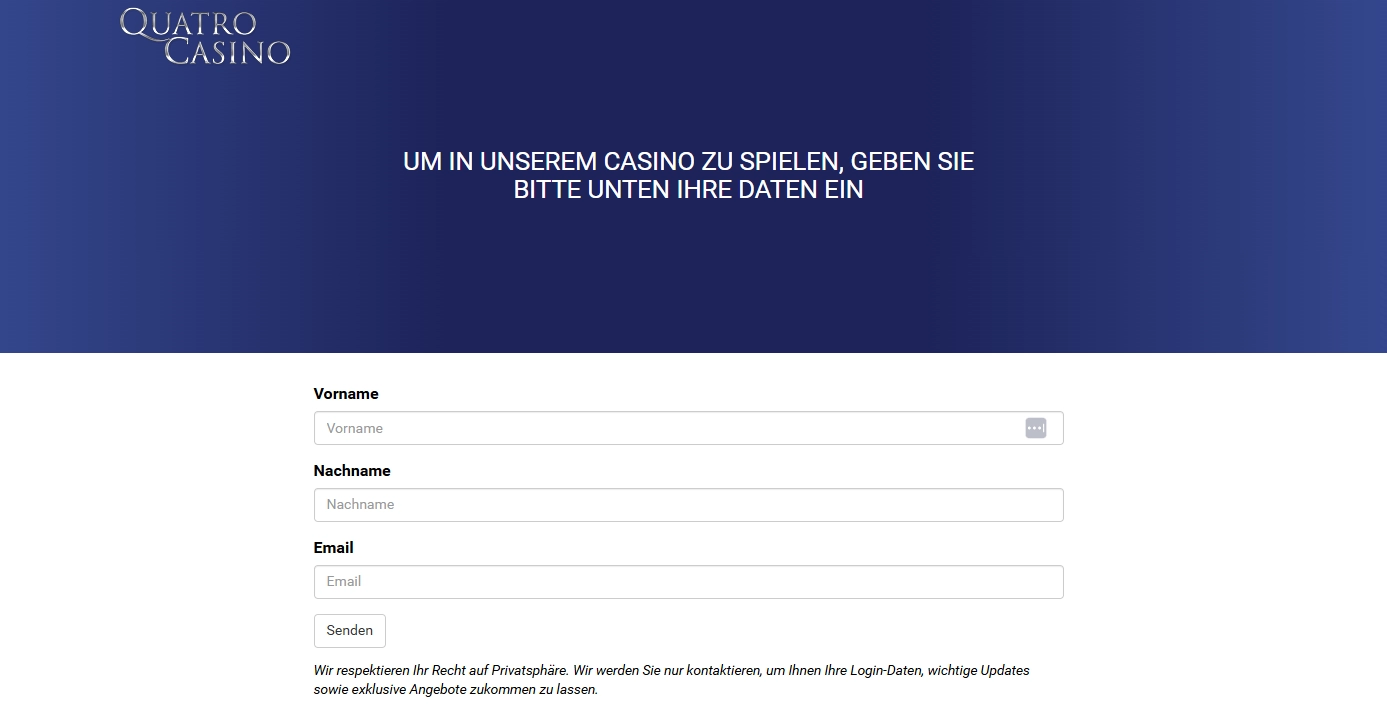 Registrierungsoberfläche von Quatro Casino